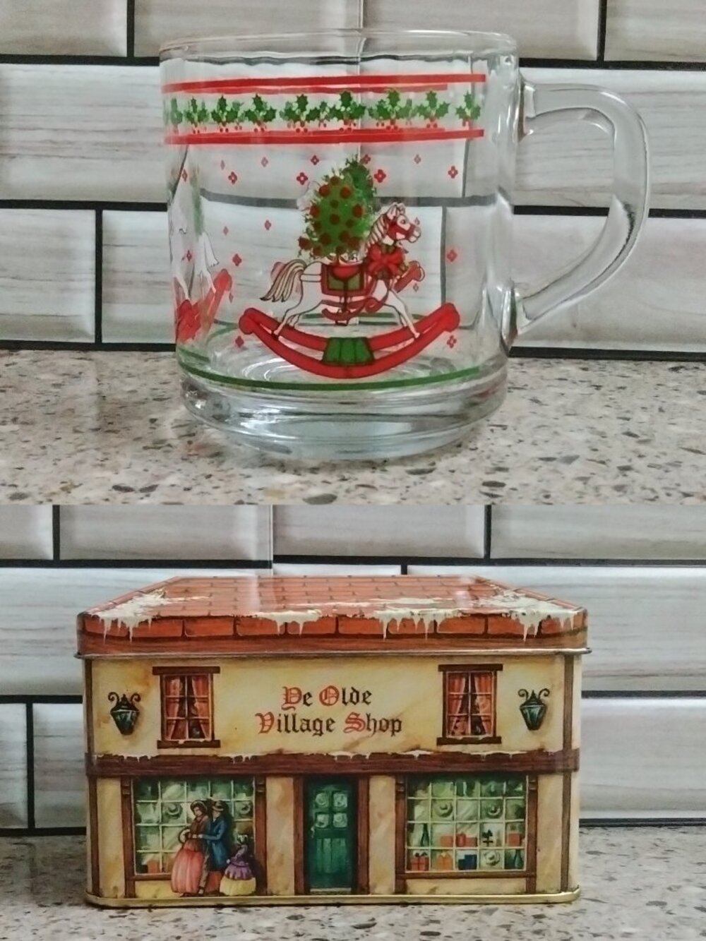 Vintage DUO: Holiday Rocking Horse Mug & Cookie / Treat Tin